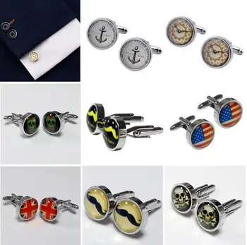 

20pairs/lot Silver Round Crystal Epoxy Cufflinks Anchor Skull Moustache America Flag Cuff Link Cufflink Men's Jewelry Wholesale