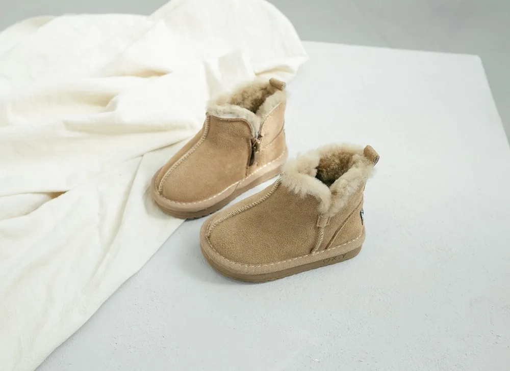 2020 New Winter Children Snow Boots Genuine Leather Wool Girls Boots Plush Boy Warm Shoes Fashion Kids Boots Baby Toddler Shoes