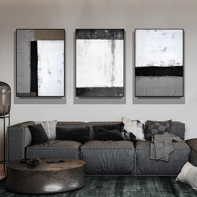 

Hand-painted Oil Painting Black And White Gray Triple Living Room Sofa Backdrop Decorative Painting Modern Abstract Minimalist P