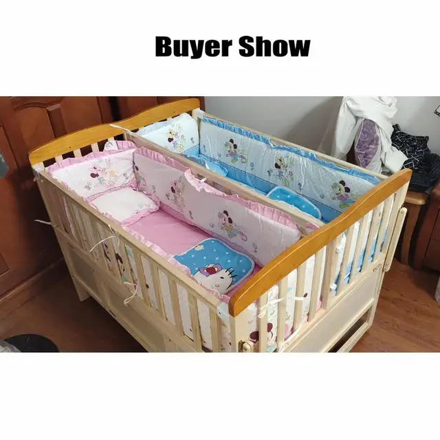 Wooden Twins Crib Can Combine with Adult Bed, All-In-One Cot for 2 Kids, Square Mosquito Net Inlcuded 3