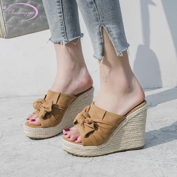 

Casual style sexy pointed toe nubuck summer slippers fashion bow apricot black camel hemp rope high heel women's shoes big size