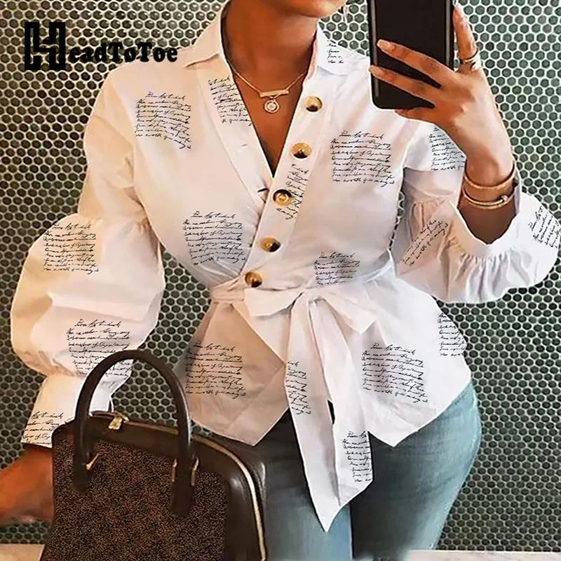 

Lantern Sleeve Buttoned Surplice Wrap Printed Blouse Tops for Women