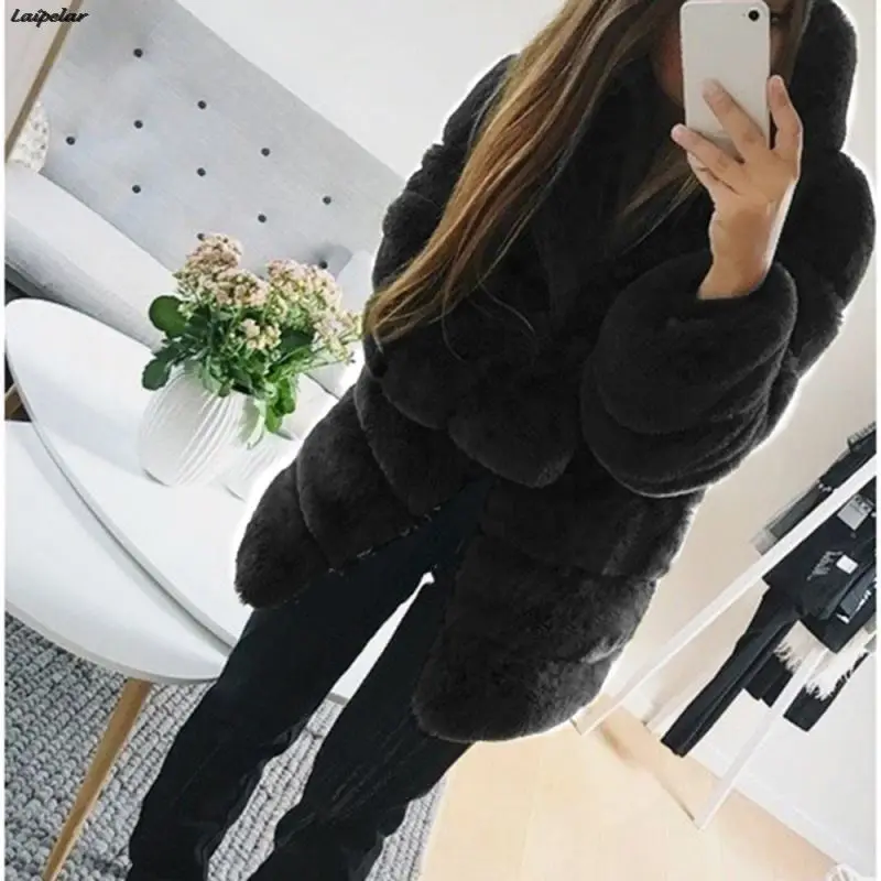 Laipelar, Женское зимнее пальто из искусственного меха, Уютная куртка, открытая спереди, с капюшоном, плотное пальто, чистый цвет, длинный рукав, теплая верхняя одежда, пальто