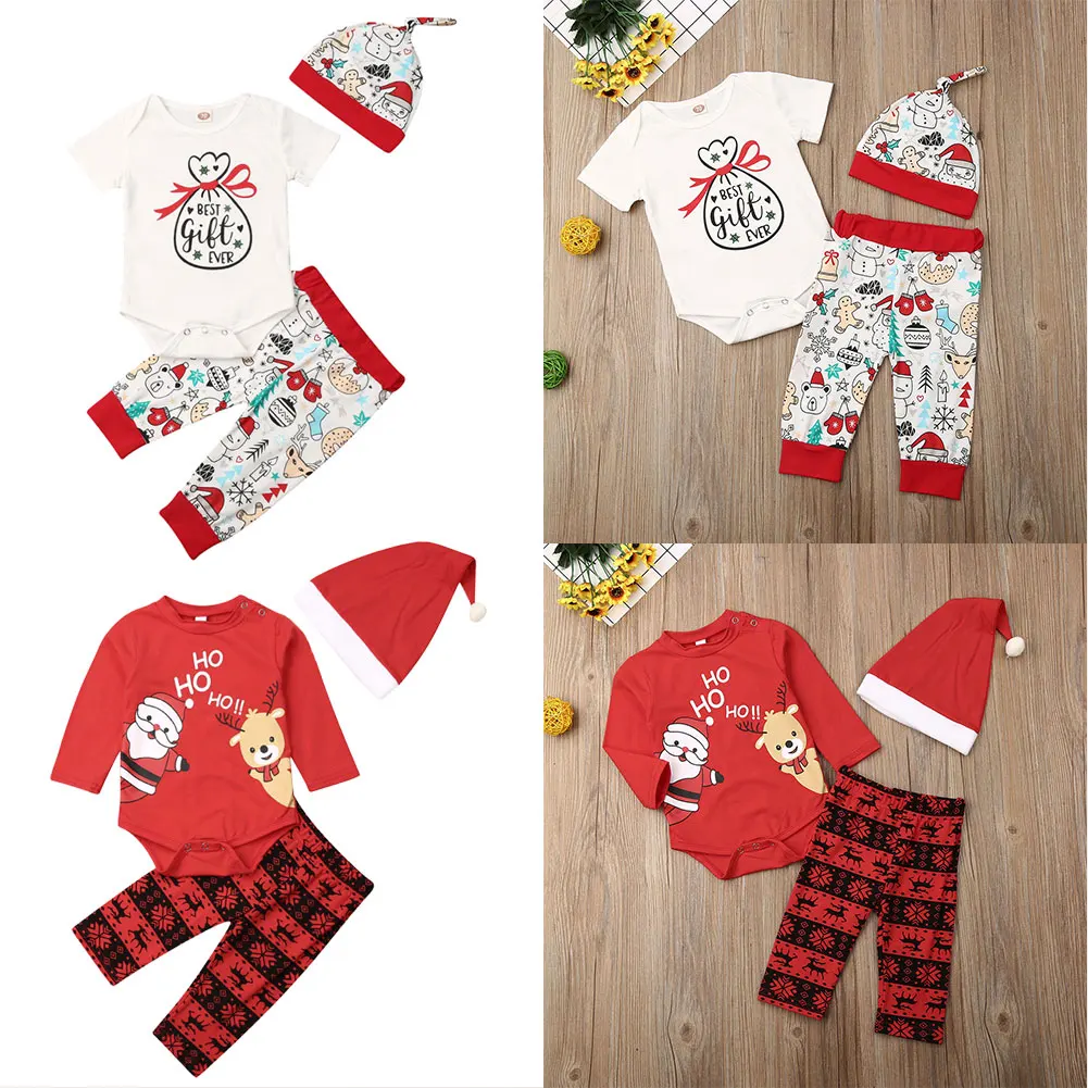Рождественские комплекты из 3 предметов для новорожденных мальчиков, комбинезон с длинными рукавами, штаны с принтом с героями мультфильмов, шапка, костюм Санта-Клауса, милая повседневная одежда для детей 0-24 месяцев