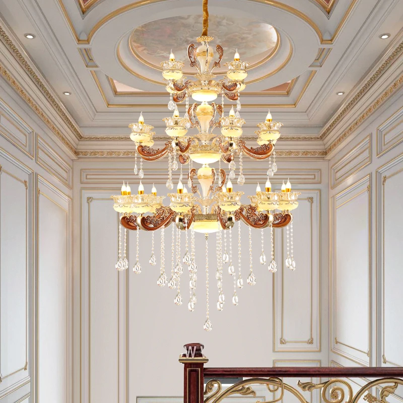 

Zinc Alloy European Big Chandelier Lighting Compound Building K9 Crystal Luxury Hanging Fixture Lobby Villa Hotel Home Led Lamps