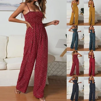 

Women Summer Jumpsuit Polka Dot High Waist Rompers Boho Spaghetti Strap Wide Leg Pants Jumpsuit