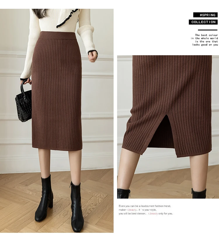 New Korean Autumn Winter Fashion Solid High Waisted Kintting Formal Pencil Skirt Elegant Ladies Women Skirts crop top and skirt