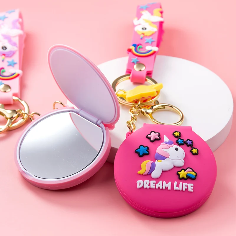 Cartoon PVC Unicorn Keychain Green Pink Yellow Blue Mini Portable Mirror Pendant Cute Bag Car Key Ring Men Women Couple Lanyard