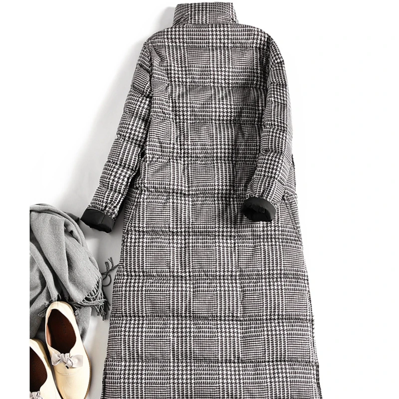 new style winter double-sided down jacket plaid long style over knee women coat lapel retro simple warm female clothes