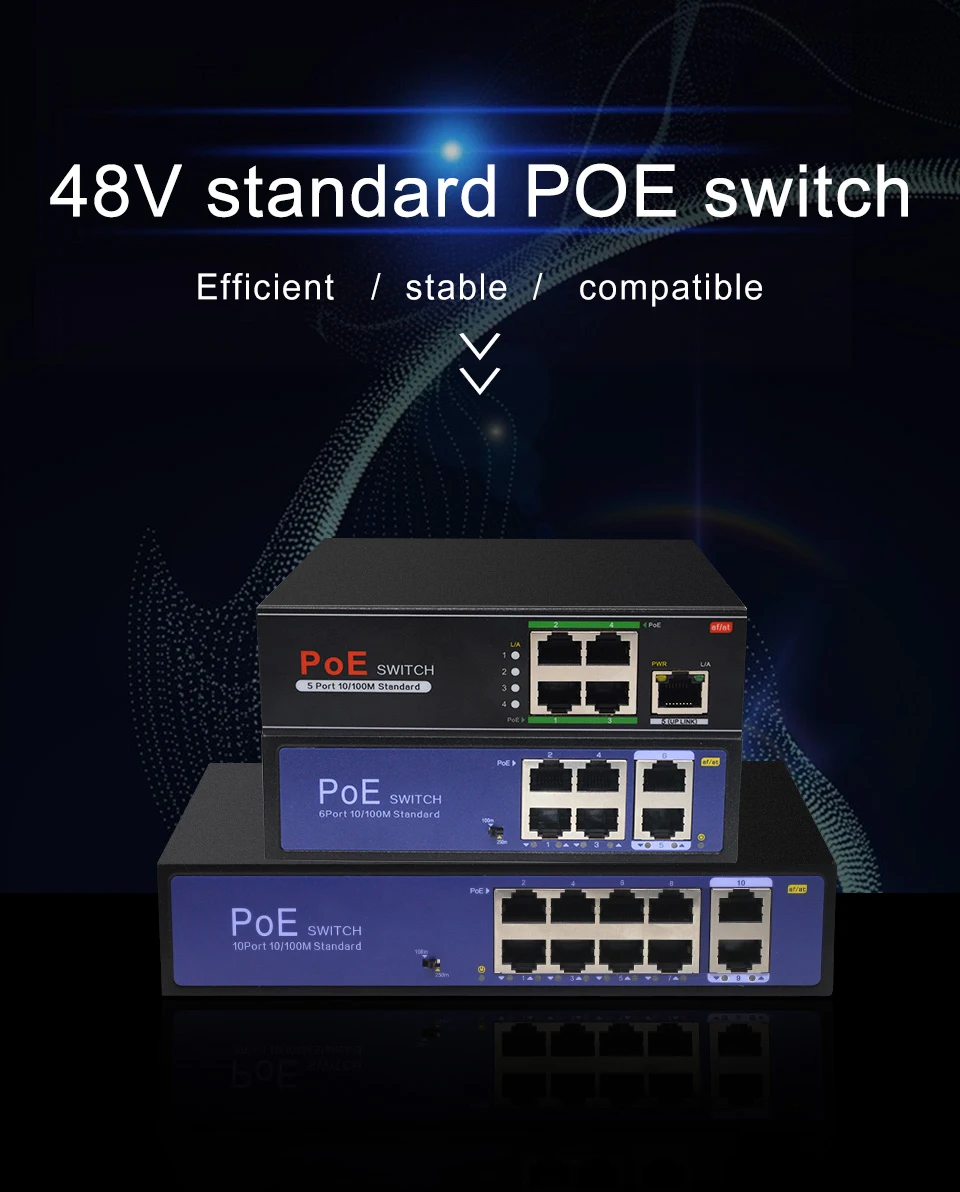 Сетевой коммутатор POE 48 В Ethernet с портами 10/100/1000 Мбит / с 5/6/8/10 IEEE 802.3af / at Подходит для IP-камер / беспроводных систем AP / камер видеонаблюдения с адаптером питания 100 Вт