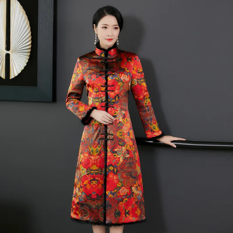 

Imitated Silk Fabric Cheongsam Coat Autumn And Winter 2019 New Style Women's Long-Sleeve Dignified Glorious Padded Chinese Costu