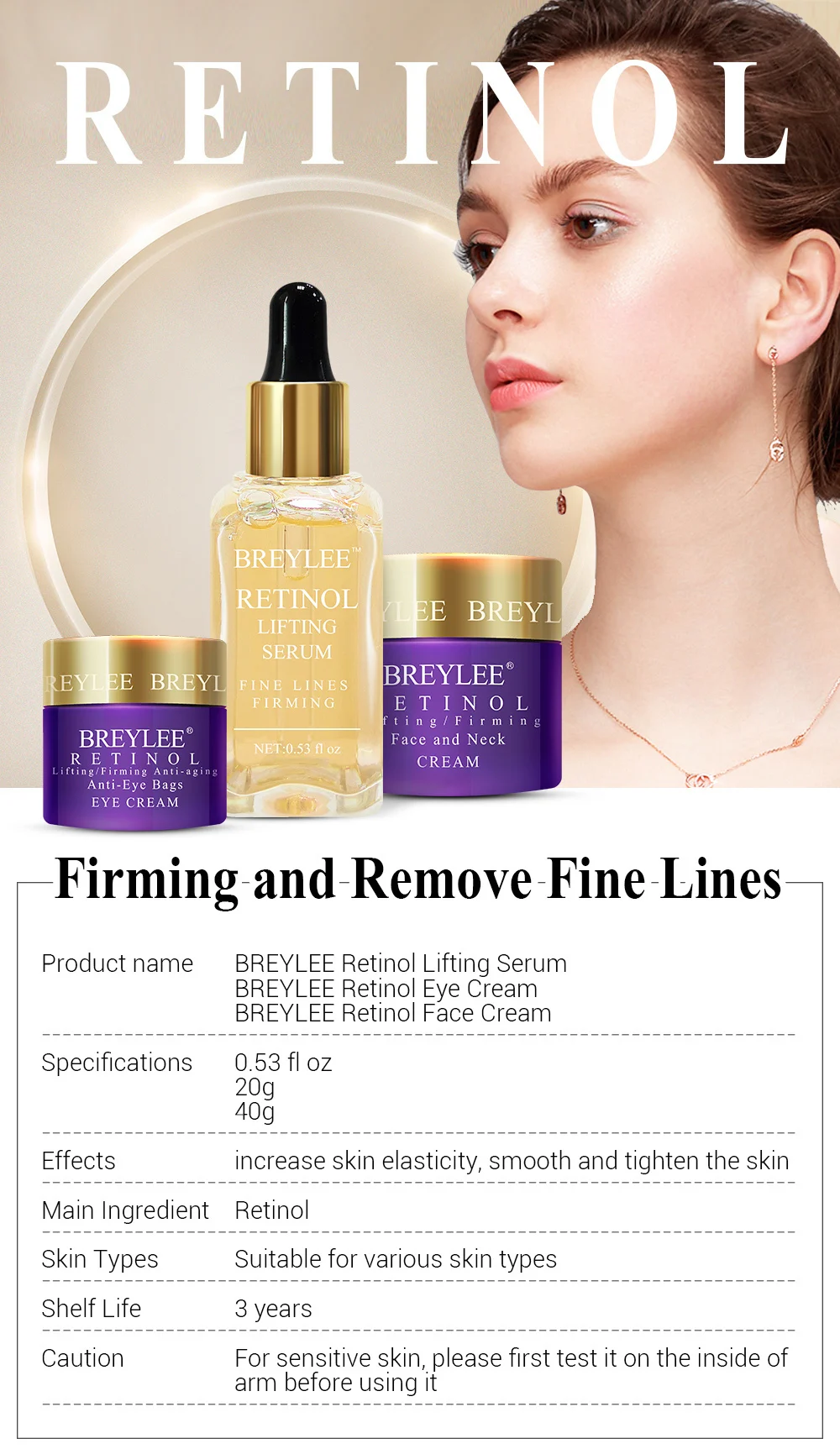 BREYLEE Retinol набор Антивозрастная укрепляющая сыворотка для лица крем для глаз крем для лица для удаления тонкой линии морщин подтягивающий уход за кожей увлажняющий