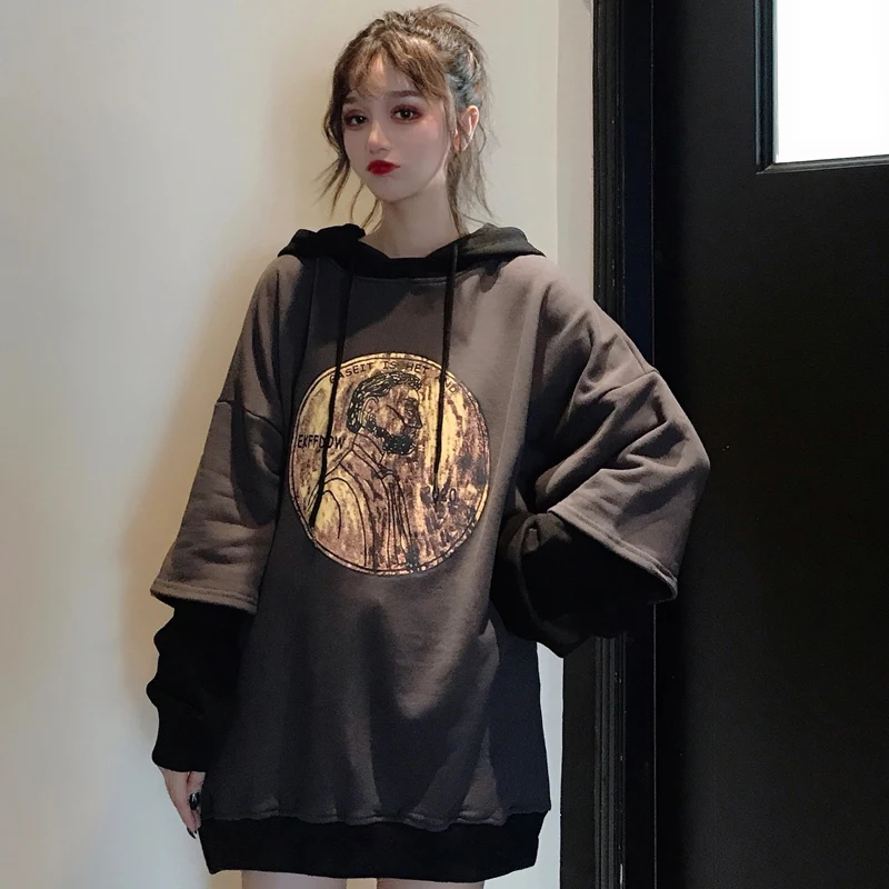 

SOUGEN Vintage Hoodies Sweatshirts Oversize Fake Two Pieces Preppty Style Hooded Loose Ladies Autumn Fashion Hip Hop Tops Cotton