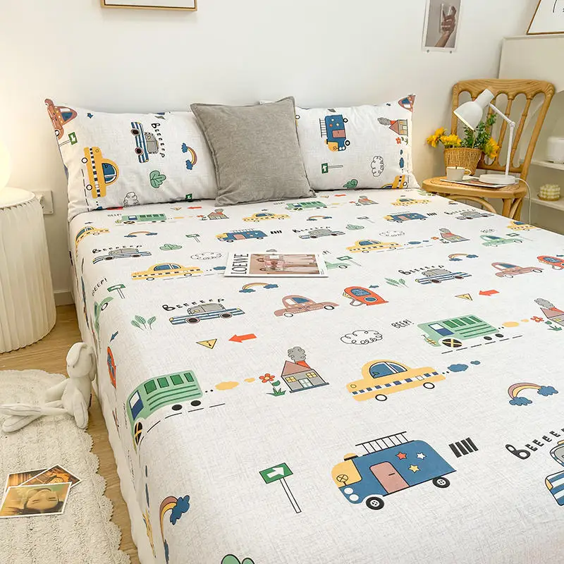 Bonenjoy 1pc Pure Cotton Fitted Bed Sheet With Elastic Cartoon Car Print Bed Cover Single Queen Size Bottom Sheet(No Pillowcase) 3