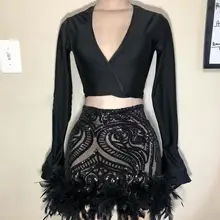 Черное короткое платье для выпускного вечера, сексуальное двухсекционное платье с v-образным вырезом и длинным рукавом, африканские мини-Выпускные платья с блестками и перьями