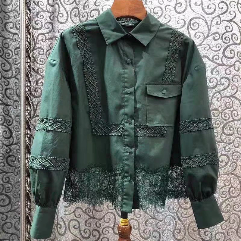 TWOTWINSTYLE повседневные Лоскутные кружевные блузки для женщин воротник с лацканами фонарь длинный рукав асимметричный модная одежда