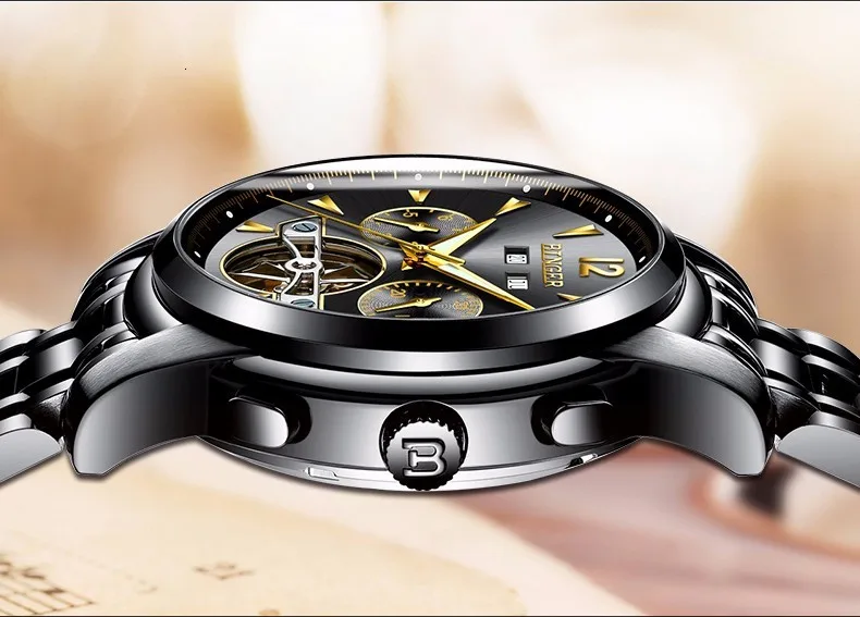 Бингер номер спортивный дизайн ободок золотые часы для мужчин s часы лучший бренд класса люкс Montre Homme Часы для мужчин Автоматический Скелет часы
