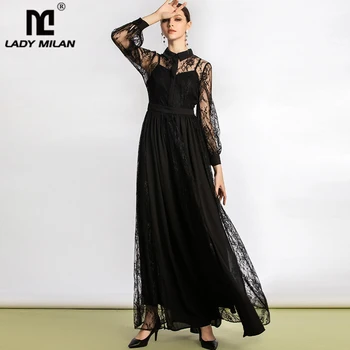 

Women's Runway Designer Dress Turn Down Collar Long Sleeves Embroidery Lace ELegant Party Prom Luxury Maxi Dresses