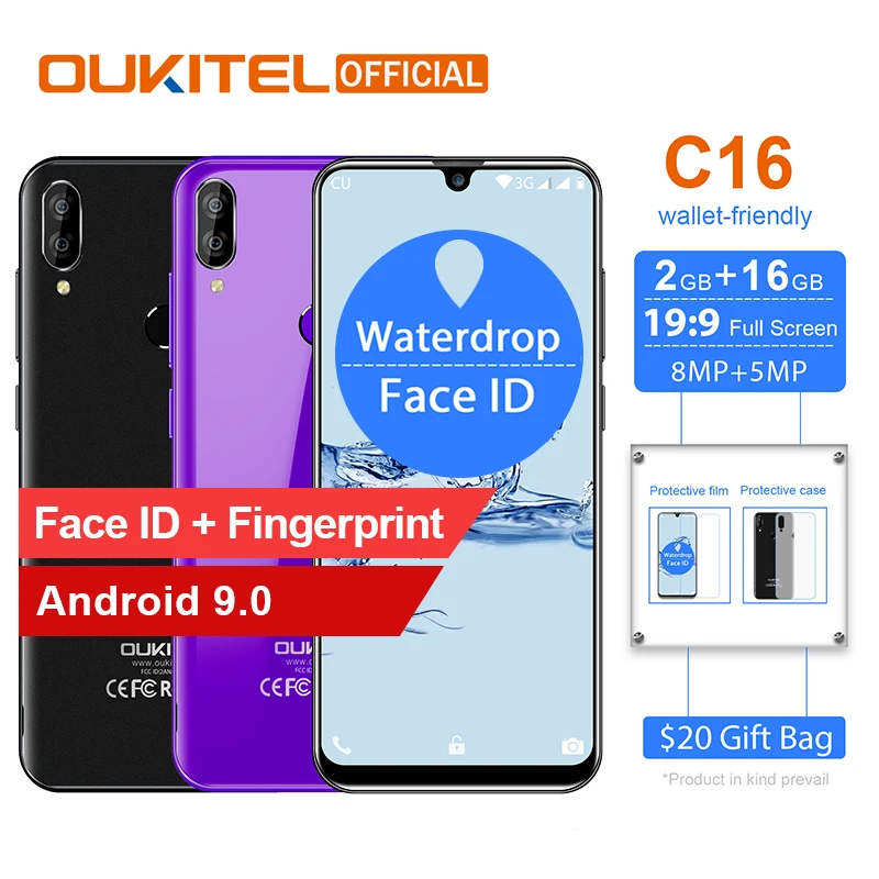 

OUKITEL C16 Smartphone 5.71" HD+ 19:9 WaterDrop Fingerprint Android 9.0 Mobile Phone MT6580P 2G RAM 16G ROM 2600mAh Unlock