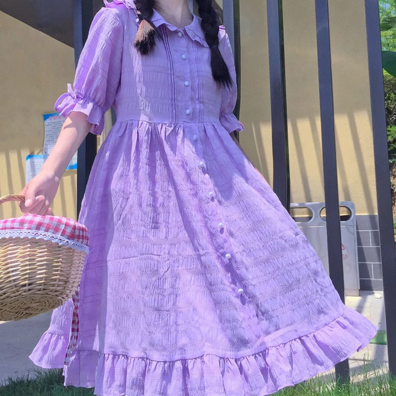 

Girls' Sweet Hipster Purple Cute Girl's Dress Single-Breasted Lace-up Bell Sleeve Loose Dress Summer renaissance lolita dress