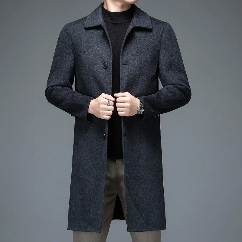 

British Style Men Elegant Wool Coats Autumn Winter Black Gray Single-Breasted Sheep Woolen Blend Overocat Male Business Outfits