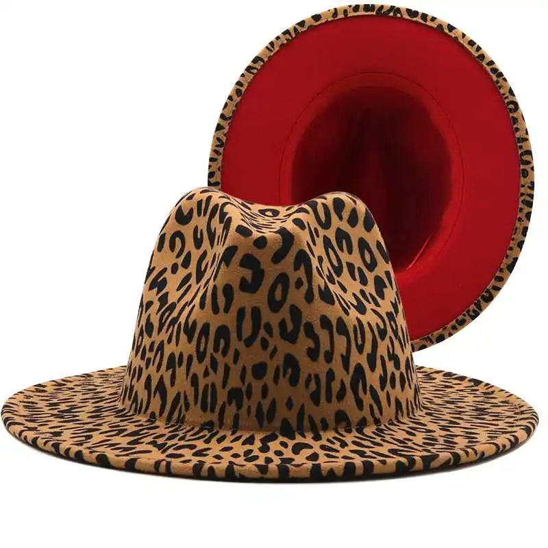 Chapeau en feutre de laine pour femmes et hommes, à large bord, avec fond rouge léopard, chapeau de fête, Trilby Jazz église, Patchwork, Panama