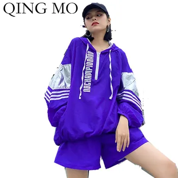 

QING MO Black Grey Blue Orange Women Chic Set 2020 Women Hooded Sun Protection Coat + Summer Short Pants Letter ZQY3936