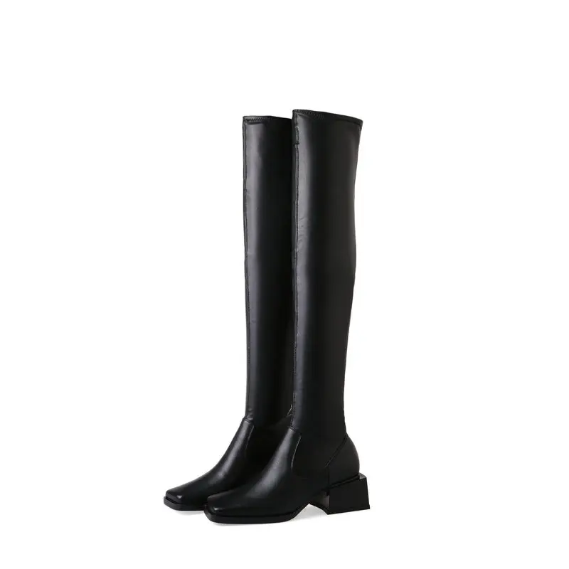 Genuine leather Women thick high heels over the knee high Boots square toe casual motorcycle Shoes lace up Woman boots - Цвет: cow