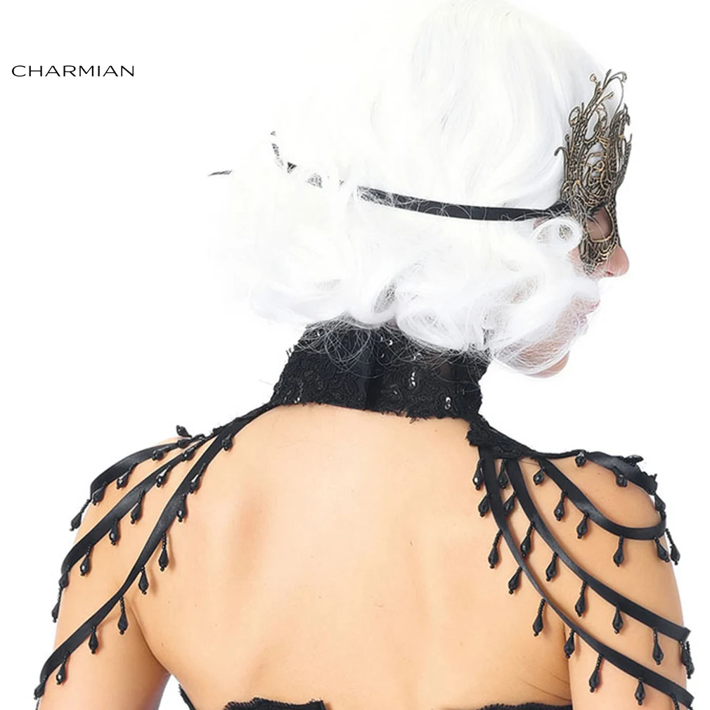 Charmian Victorian Gothic Black Lace High Neck Beaded Shoulder Chain Cape Sexy Corset Collar Shrug Jewellery Choker Accessories