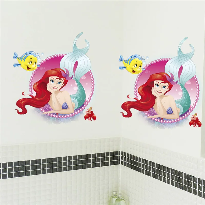Мультфильм Русалка Ариэль принцесса с камбала Froude настенные наклейки для девочек комнаты домашнее украшение ванной комнаты художественные наклейки