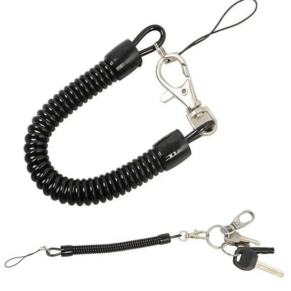 Car Keychain Anti-theft Cable Security Keyring Key Chain Metal Buckle Plastic Black Retractable Spring Rope Coil Spiral Stretch
