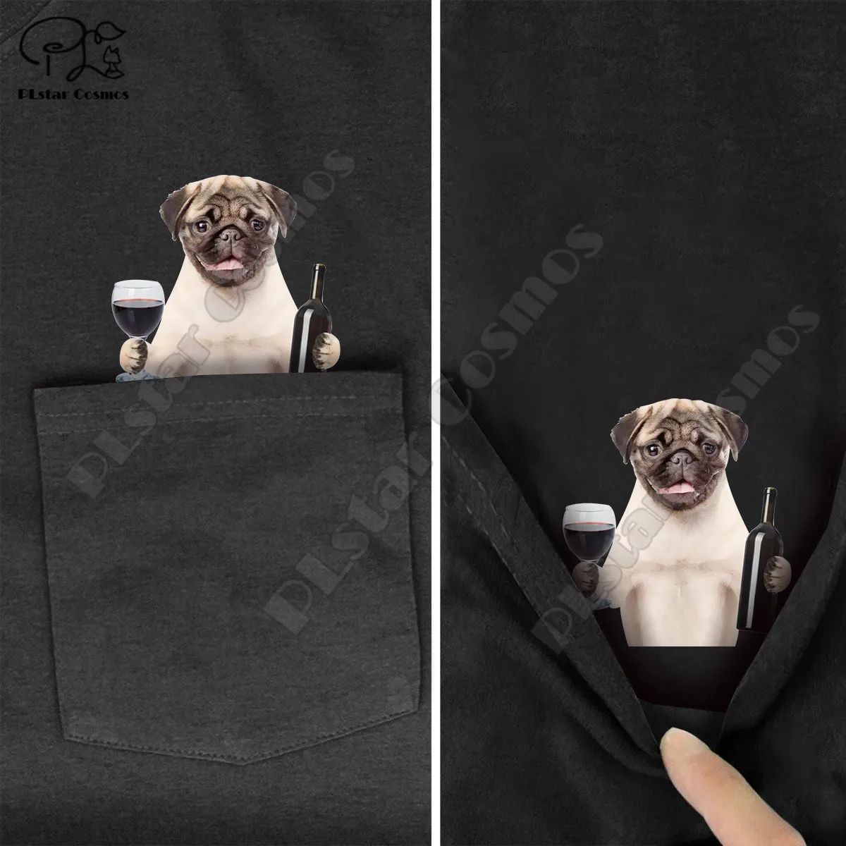 

PLstar Cosmos T Shirt summer pocket Red wine Pug printed t-shirt men for women shirts tops funny cotton black tees style-14
