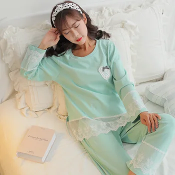 

Autumn women's pajama sets lace decor green cotton home clothes for girls female korean style slim sleepwear