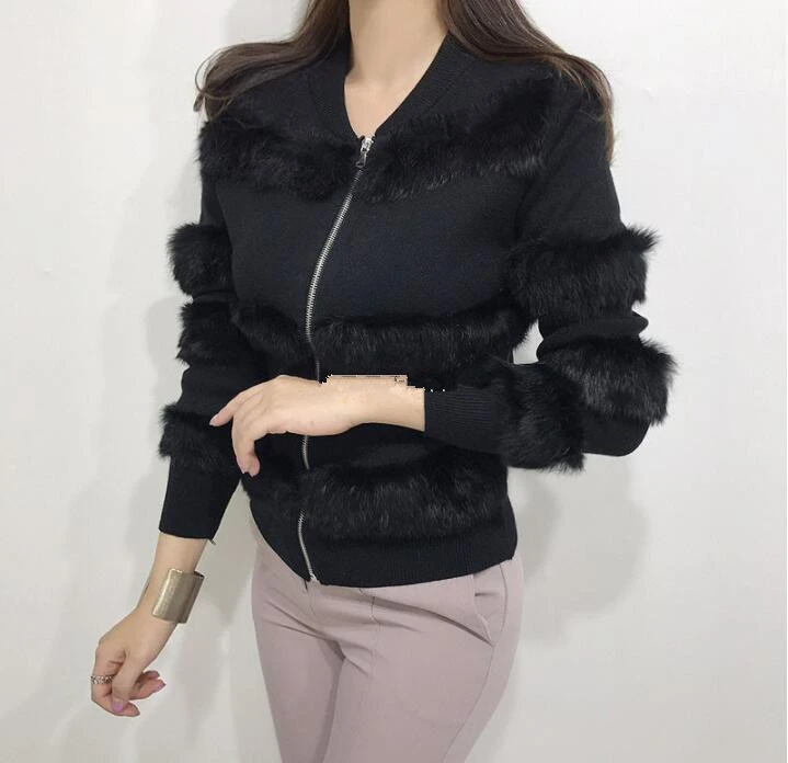 D00734 black Шикарный Кролик Мех пэчворк теплая трикотажная куртка Джерси для женщин молния дизайн свитера Кардиган элегантный женский вязаный пальто - Цвет: D00734 black