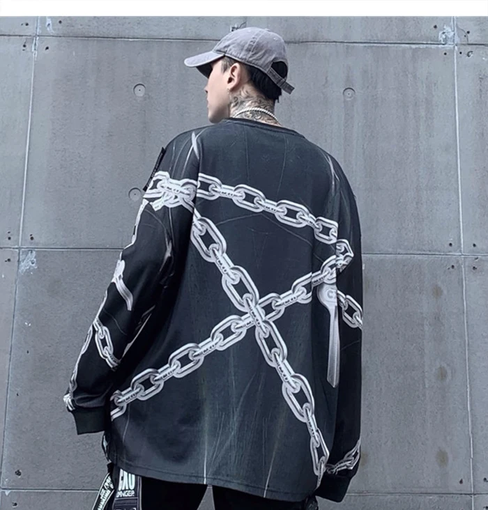 AELFRIC, тёмные мужские толстовки с 3D цепочкой, с принтом,, Harajuku, модная уличная одежда, свободные топы, хип-хоп стиль, повседневные хлопковые мужские пуловеры