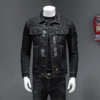 

Spring 2020 high-quality British style denim jacket Europe and the United States puncture patch denim jacket black jacket