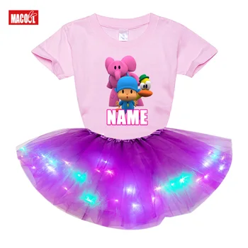 

Girls Clothing Sets Dress Pocoyo Costume Birthday Party Girl Summer Design Your Name t shirt +LED Dress Children Clothes Cartoon