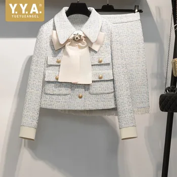 

Luxury Vintage Fashion Womens Slim Fit Woolen Skirt 2Pcs Outfits Long Sleeve Single Breasted Bow Jackets Tassel A-Line Skirts