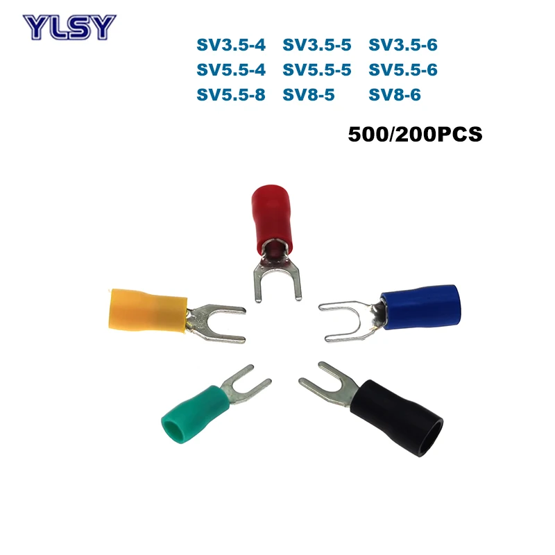 

500/200Pcs Spade Insulated Crimp Terminals Electric Lug Wire Cable Connector SV3.5 SV5.5 SV8 Furcate Ferrules 2.5-10mm2 14-8AWG