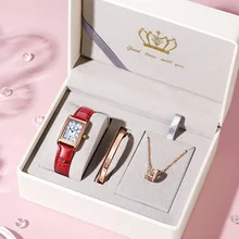 

OLEVS Luxury Women Watches Red Quartz Waterproof Watch For Women Leather Strap stylish Lady Wrist Watch Bracelet Set Reloj Mujer