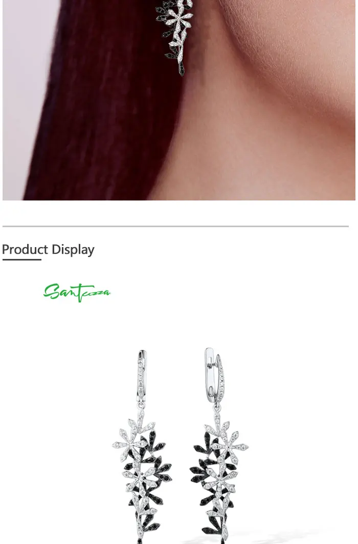SANTUZZA Silver Drop Earrings For Woman 925 Sterling Silver Black Spinel White Cubic Zirconia Flowers Classical Fine Jewelry