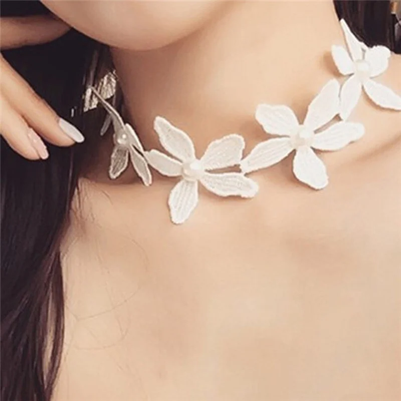 Imitation Pearl Stitching Flowers Choker Necklaces Fashion Handmade White Lace Collar Short Necklace | Украшения и аксессуары