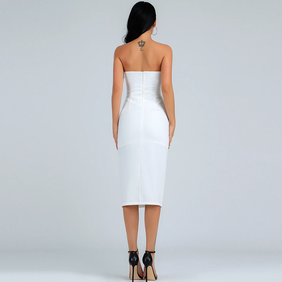 Летнее Новое Элегантное Белое Женское платье миди сексуальное платье без бретелек с бантом и поясом облегающее вечернее платье vestidos
