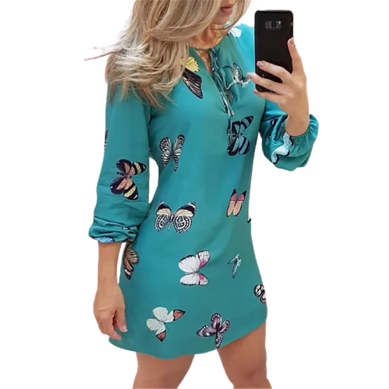

Sweet Butterfly print Women Dress Plus size Fashion Casual Lantern Sleeve V-Neck Thin Mini Dress 2020 New Autumn Dress Vestidos