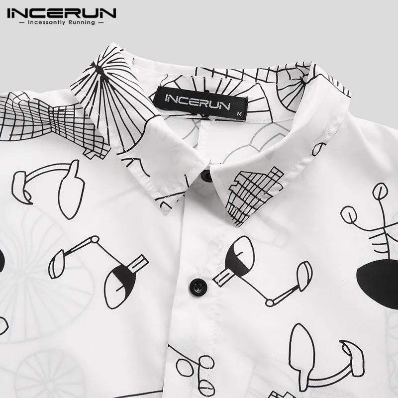 INCERUN, корейский стиль, рубашка, мужская, с принтом, уличная, с отворотом, свободная,, длинный рукав, стильная блузка, Camisa, на пуговицах, повседневные рубашки, S-5XL