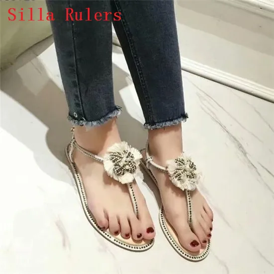Crystal String Bead Fringe Women Sandals White Black Leather Flip Flops Flats Sandals Women Summer Shoes Woman sandalias mujer (2)