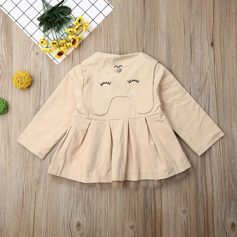 Focusnorm Embroidered Turn-down Collar Trench Baby Girl Fashion Long Sleeve Solid Cute Patchwork Lace Coat For Girl 0-4 Years