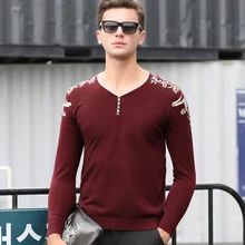 Новая весенняя Осенняя мужская полосатая трикотажная рубашка, мужская мода, v-образный вырез, джемпер с длинным рукавом, тонкий свитер, рубашка