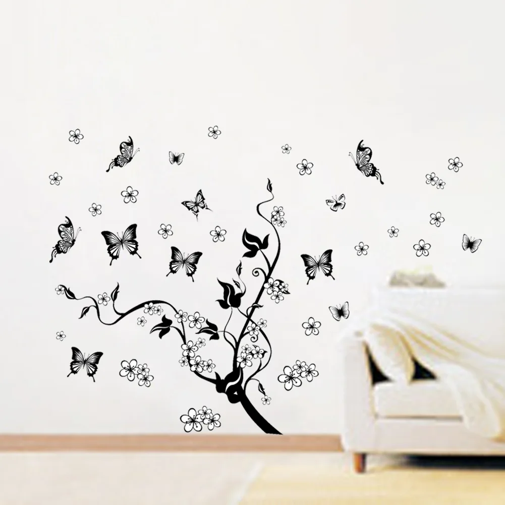 Yunzi yu 7005PVC Waterproof Three Generations European Style Pure Black Flower Vine to Send 10 Butterfly Background Decal Wall S