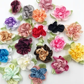 

20pcs ribbon flowers with leaf handmade flowers apparel sewing appliques DIY accessories A047